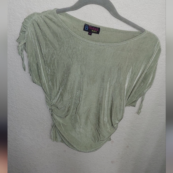 Y2k 00s Green Metallic Ruched Blouse ☆B  Famous Women's M •●Fitted Shiny Shirt●• - Picture 4 of 7
